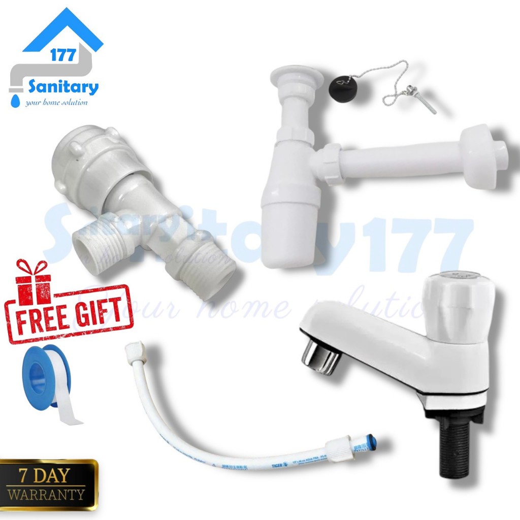 Paket set Pasang wastafel baru plastik putih - kran washtafel sifon stop kran selang fleksibel set m