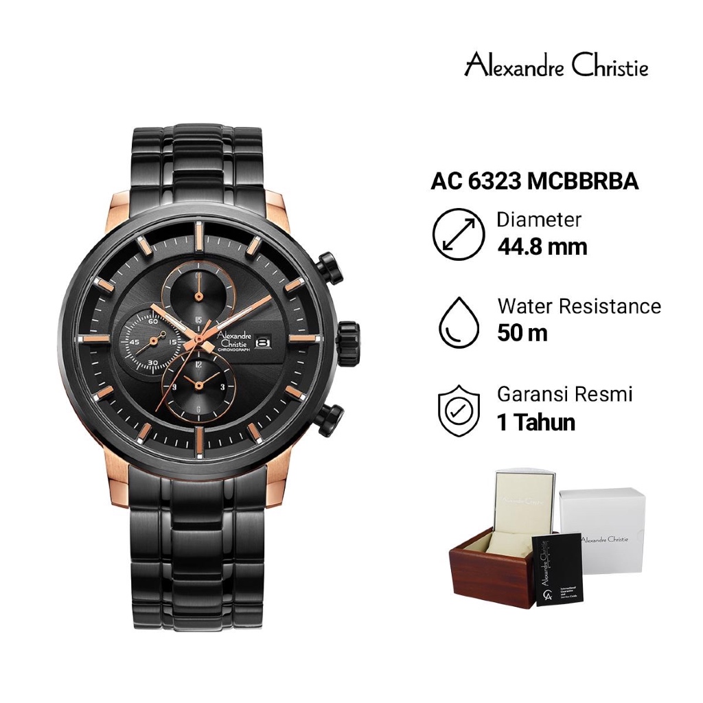 Jam Tangan Pria Alexandre Christie Chronograph AC 6323 MCBBRBA Black Stainlees Steel Strap - AC6323M
