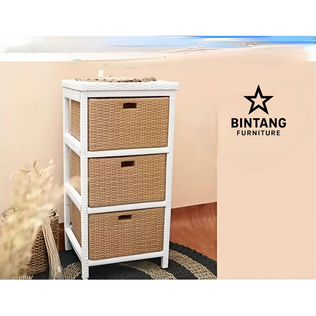Lemari Rotan Sintetis 3 Laci Rak Susun Serbaguna Murah