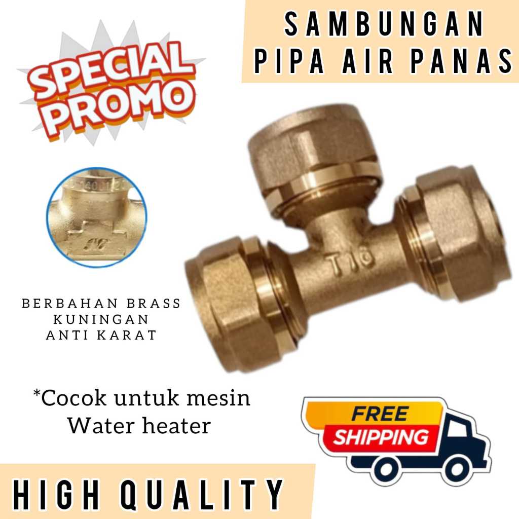 Fitting Nepel Sambungan Pipa Selang Air Panas Water Heater Konektor Tee T Cabang 3 Kuningan 1/2"