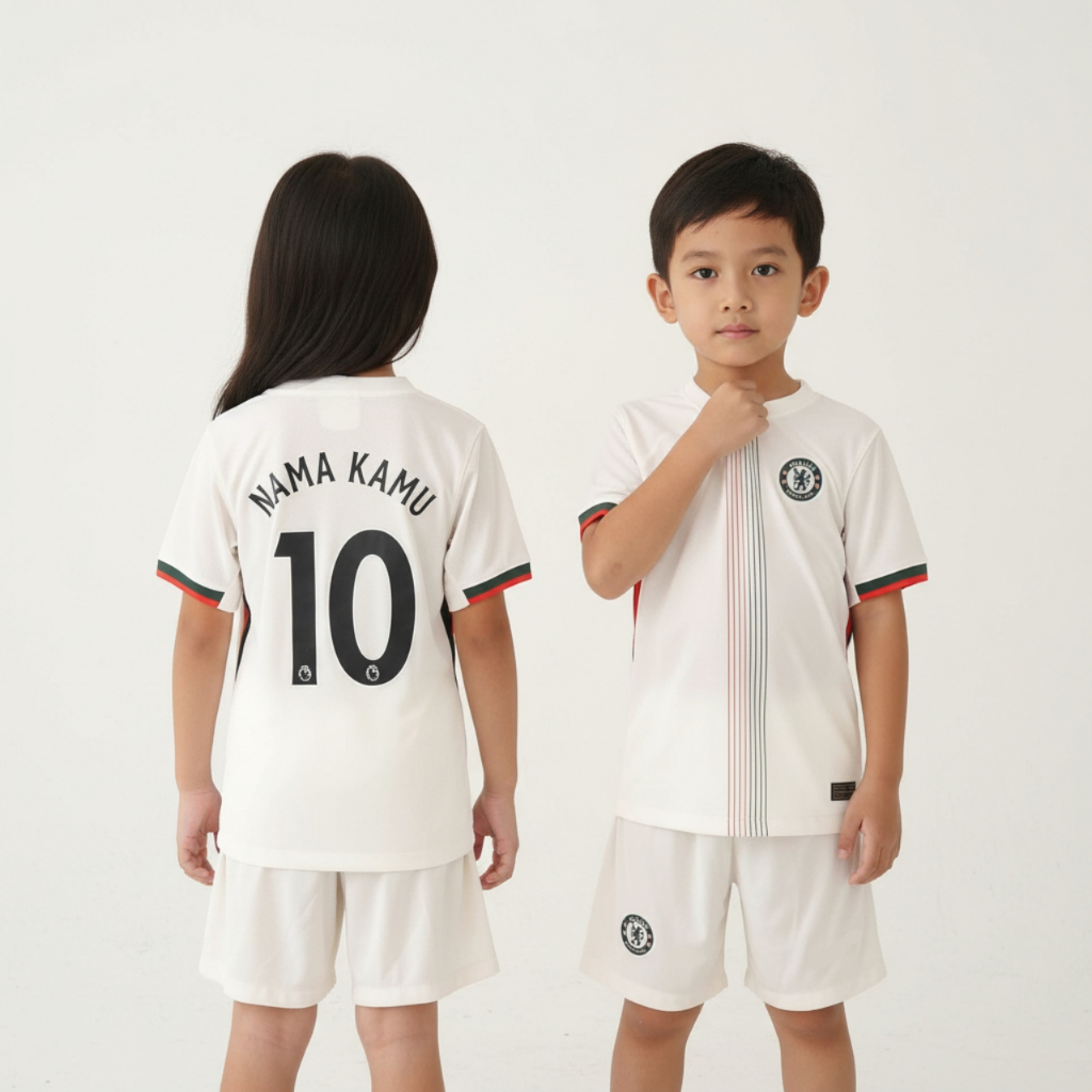 KIDS Jersey Chls Away 2025 2026 Baju Bola Warna Putih Cream Anak Patch Premier League UCL EPL Custom