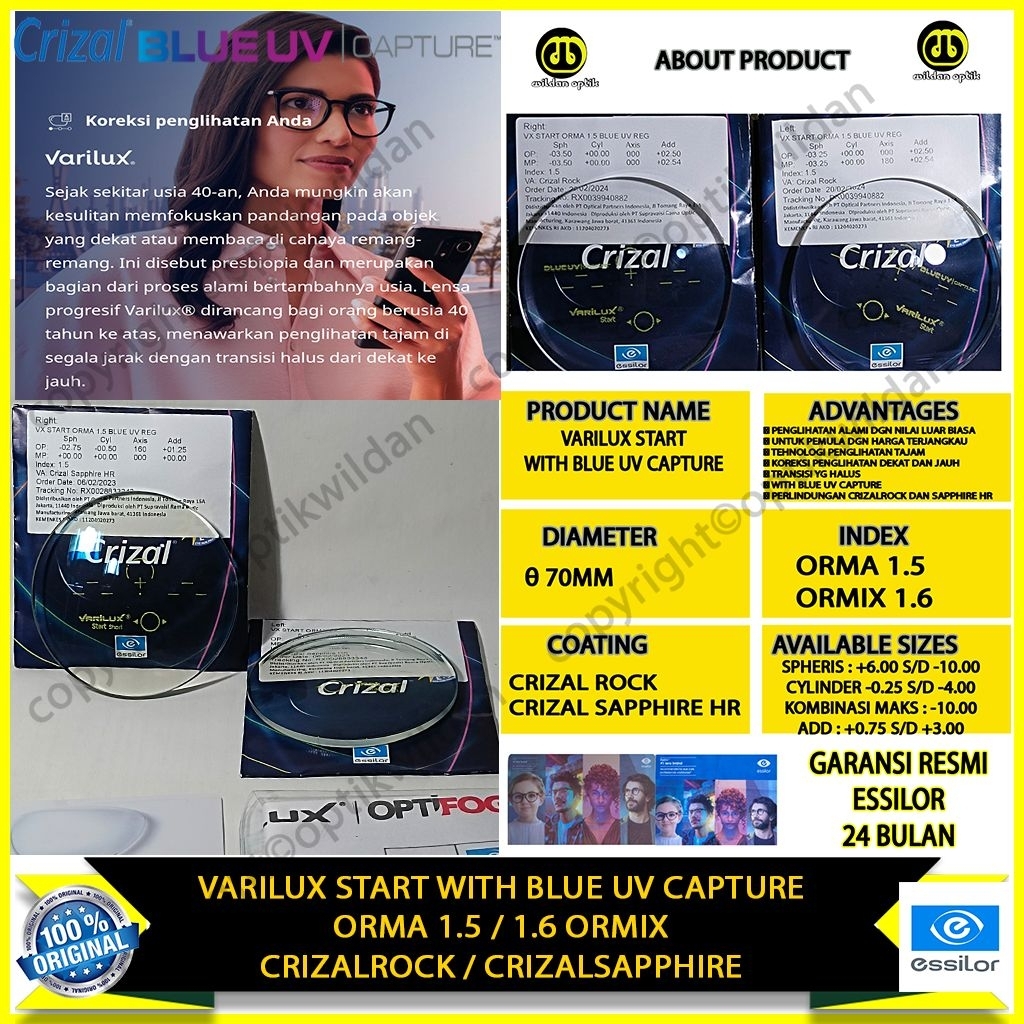 ESSILOR VARILUX START WITH BLUE UV CAPTURE CRIZAL ROCK/CRIZAL SAPPHIRE HR