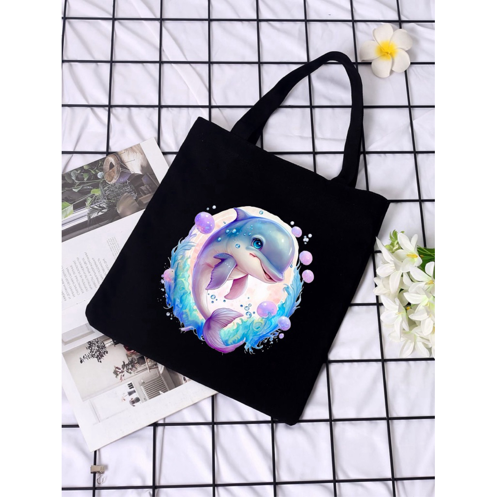 (FREE GANTUNGAN KUNCI) TOTEBAG DOLPHIN TOTEBAG RESLETING TOTEBAG KANVAS HITAM PUTIH TOTEBAG PEREKAT