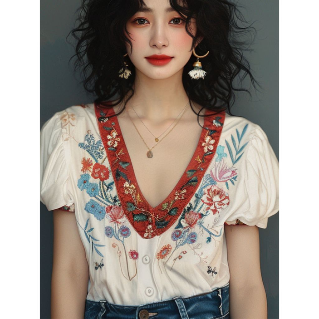 blouse v-neck wanita korea lengan balon T8914