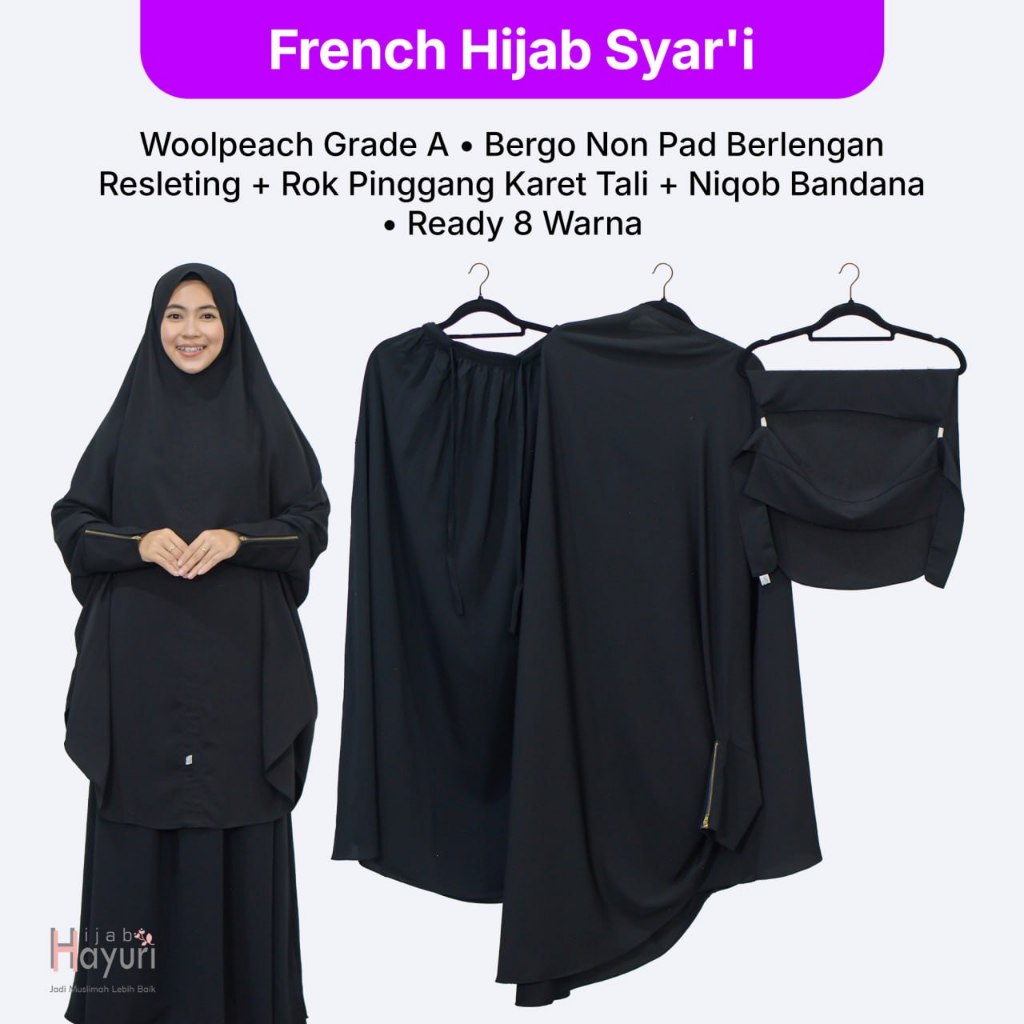 Set French Khimar Simple Syari Desain Set ( Bergo + Rok + Cadar ) Bahan Wolfis Grade A