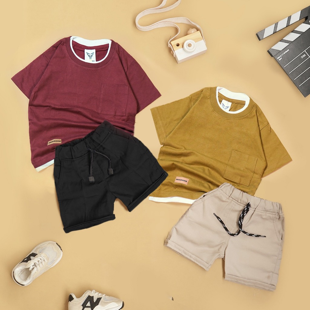 BRAVEKIDS - SETELAN ANAK LAKI LAKI KAOS POCKET TWO LAYER POLOS DAN CELANA BROADSHORT COTTON COMBED 2