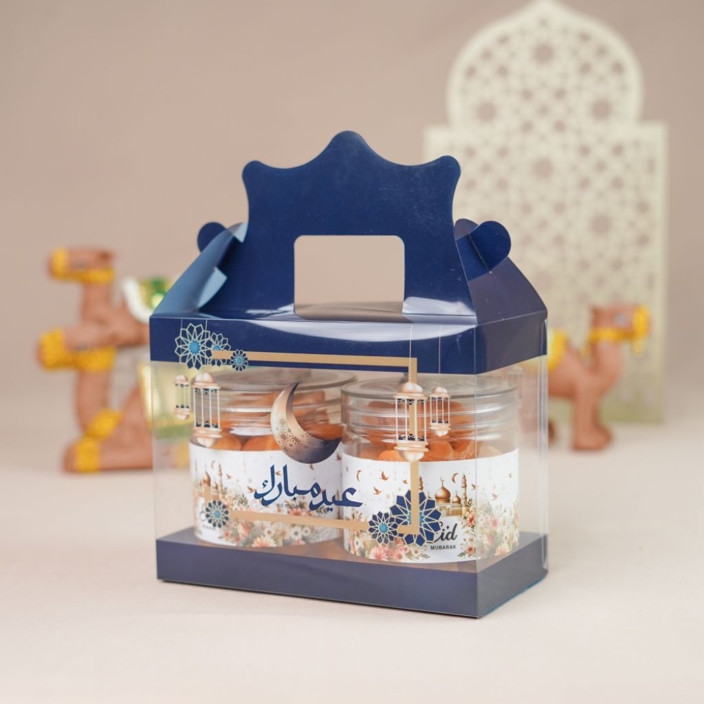 Dus Box Lebaran 2Toples 500/600ML Box MIka Kue Kering Lebaran 2 Toples Navy Handle