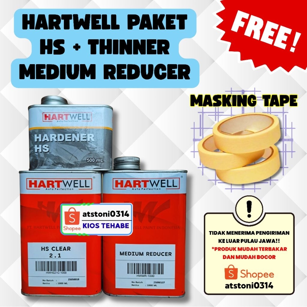 Hartwell Paket Clear Coating HS 2.1 + Thinner Medium Reducer GRATIS MASKING TAPE - Perawatan cat ken