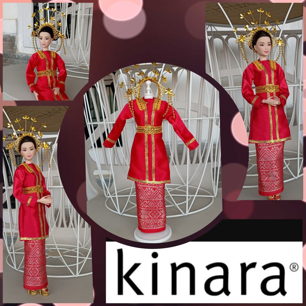 Set Baju Adat Melayu Bengkulu Plus Kain Songket Merah Barbie Doll