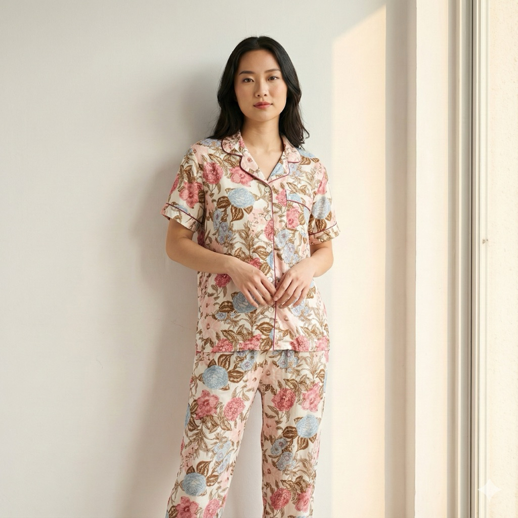 [ELLIE] PIYAMA RAYON PREMIUM MOTIF BUNGA / CELANA PANJANG LENGAN PENDEK / CP PEONY