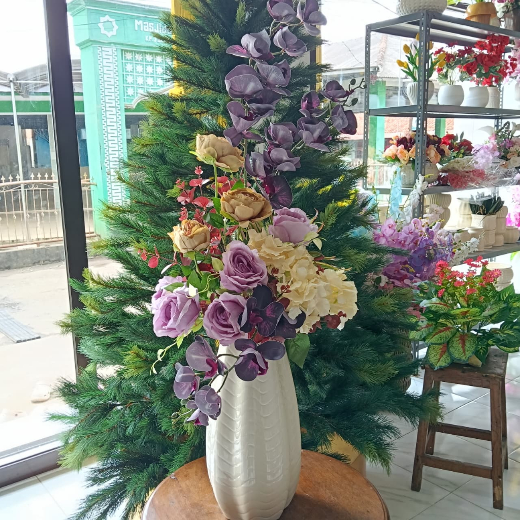 rangkaian berbagai macam bunga artificial tinggi keseluruhan 100cm lengkap pot dengan tinggi 45cm