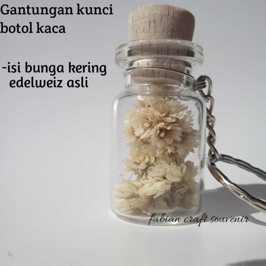 Gantungan kunci botol kaca isi bunga kering edelweis gantungan souveniir unik kostum aesthetik handm