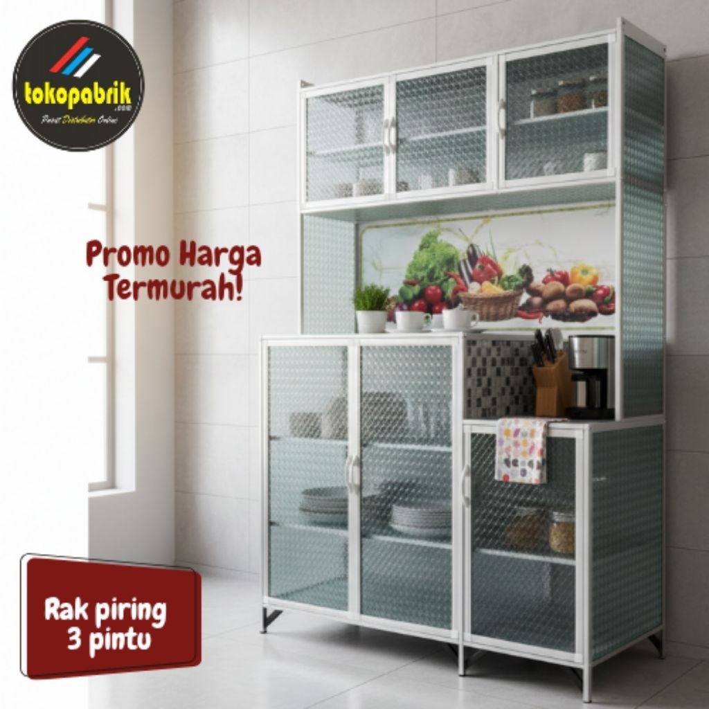 Rak Piring 3 Pintu Minimalis Kaca Keramik / Lemari Dapur Alumunium Murah Bandung Bogor