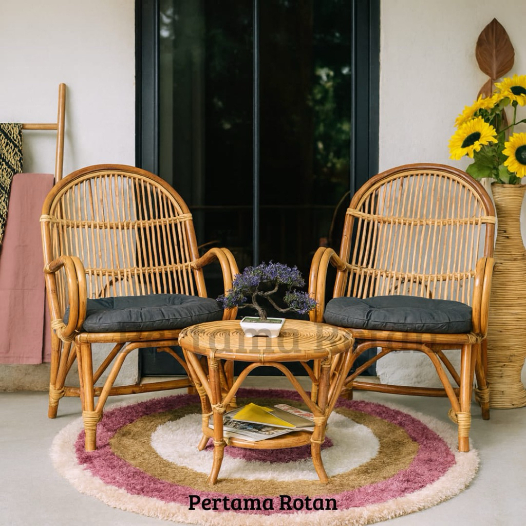KURSI TERAS ROTAN DAN MEJA MODEL PENGKI GRATIS 2 BANTAL DUDUK