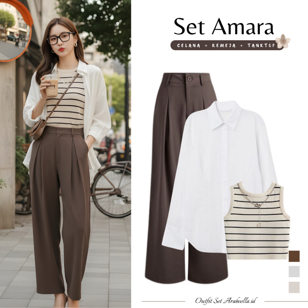 Setelan Wanita Amara ( Celana Kulot + Kemeja Oversize + Tanktop Stripe ) One Set Korean Style | Outf