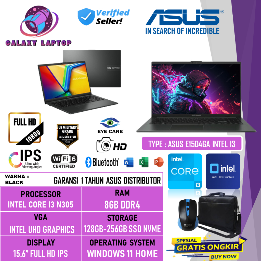 Laptop Baru Asus Vivobook GO 15 E1504GA Intel Core i3 N305 8GB 256GB SSD 15.6 FHD Windows 11 Home Or