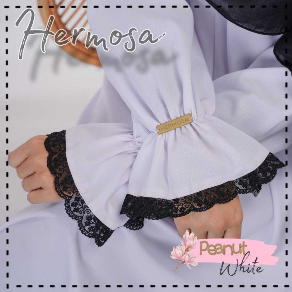 [Abaya Hermosa]Abaya Putih Hermosa warna putih motif Peanut bahan wolfis embos manset karet syari