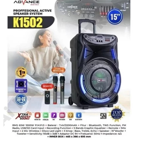 ADVANCE K1502 Sepeker Salon 15" Speaker Trolley Meeting Portable Bluetooth 15 Inch Free 2 Mic Wirele
