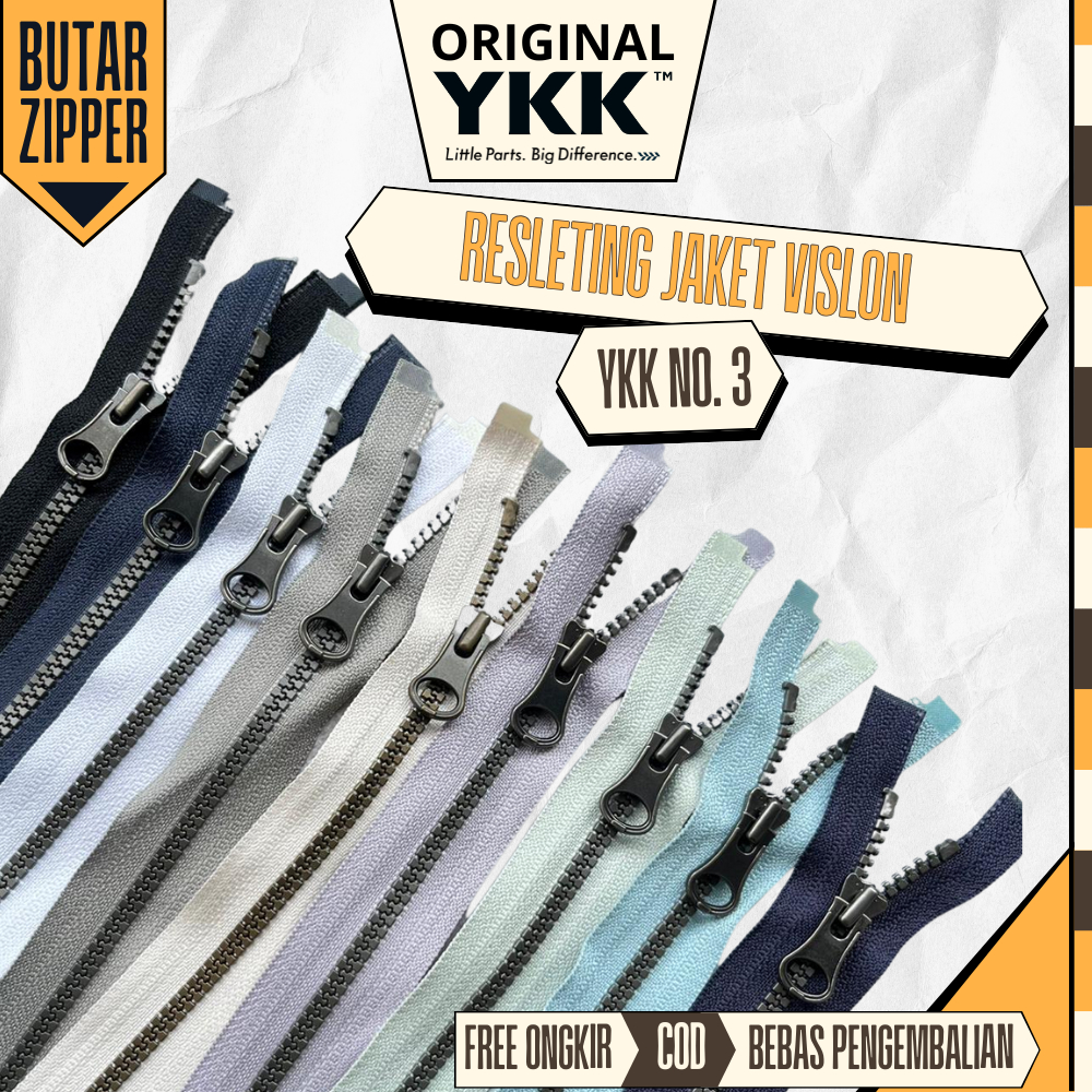 1 Pcs Resleting Jacket YKK Vislon No.3 Warna Hitam Abu Biru Navy Putih Panjang 55 - 59 CM Resleting 