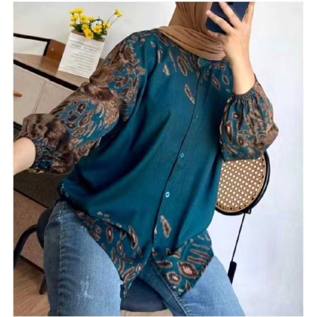 FRANDA KEMEJA RAYON MOTIF KEKINIAN - KEMEJA WANITA MOTIF SALUR MALIKA - KEMEJA RAYON KEKINIAN - ATAS