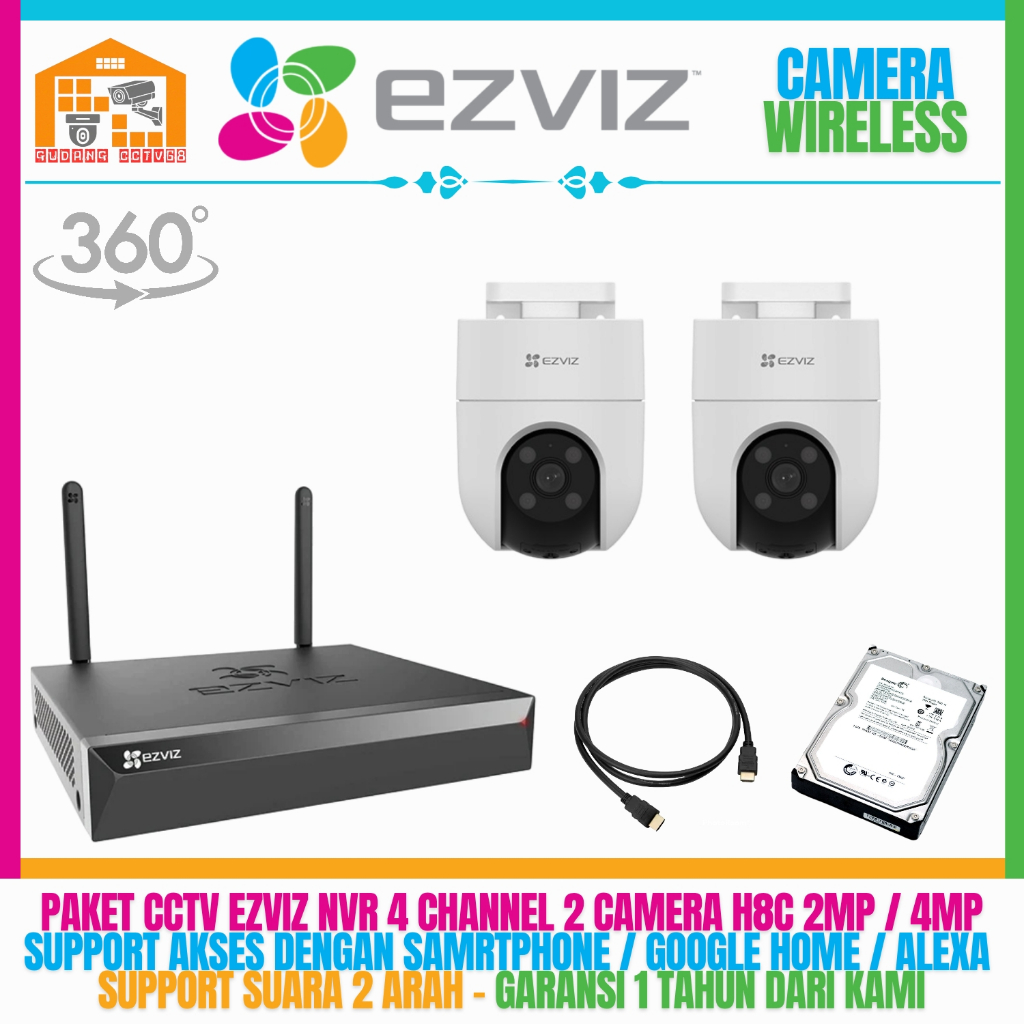 PAKET CCTV EZVIZ KAMERA OUTDOOR WIRELESS NVR 4 CHANNEL 2 KAMERA 4MP - 2MP KOMUNIKASI DUA ARAH IP KAM