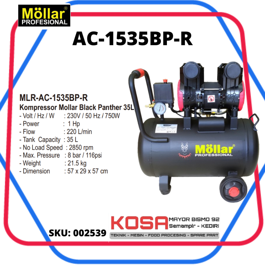 MOLLAR AC-1535 BPR Kompresor Oiless 35L MLR-AC1535BPR MOLLAR 1HP BLACK PANTHER OILESS / Air Compress