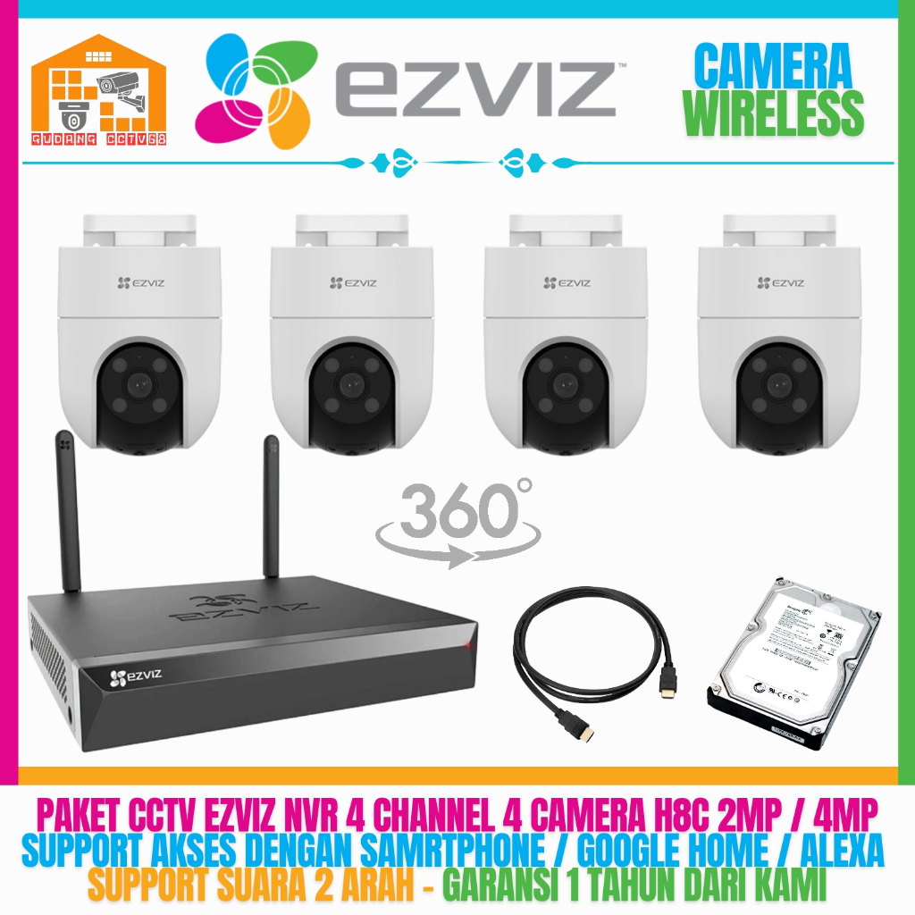 PAKET CCTV EZVIZ KAMERA OUTDOOR WIRELESS NVR 4 CHANNEL 4 KAMERA 4MP - 2MP KOMUNIKASI DUA ARAH IP KAM