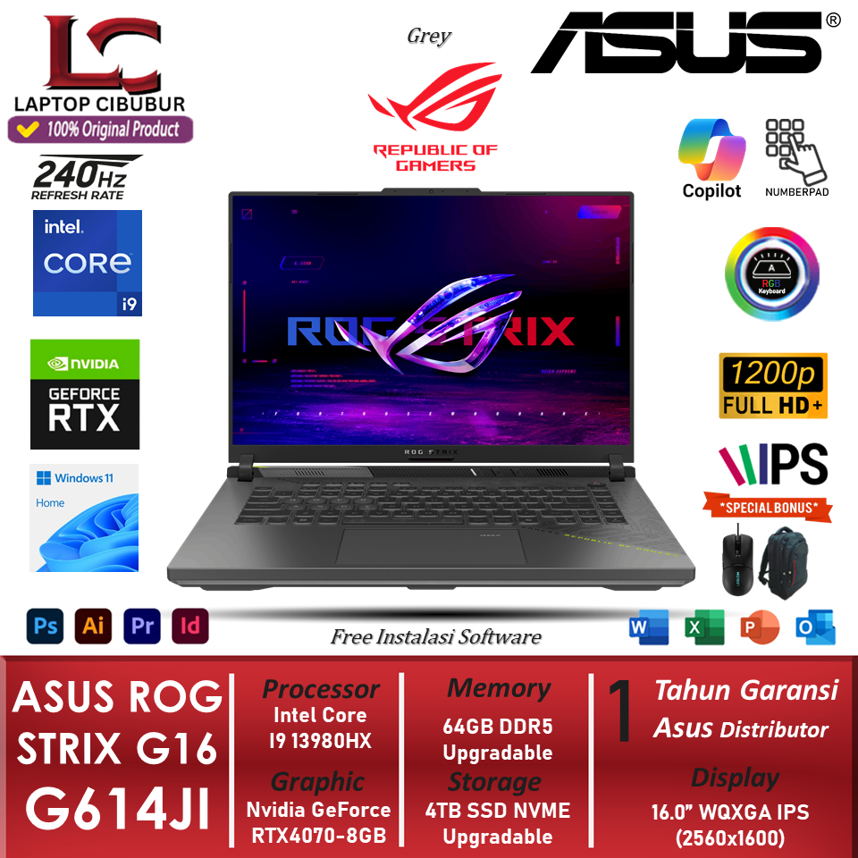 Laptop Gaming Asus ROG STRIX G16 G614JI Intel Core I9 13980HX 64GB 2TB SSD RTX4070-8GB 240HZ