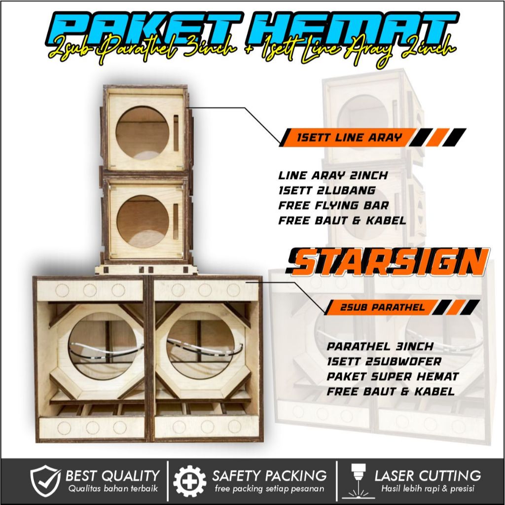 StarSign-Paket Hemat 2 Box Parathel 3inch + Line Aray 2inch Sound System Miniatur Triplek 5mm