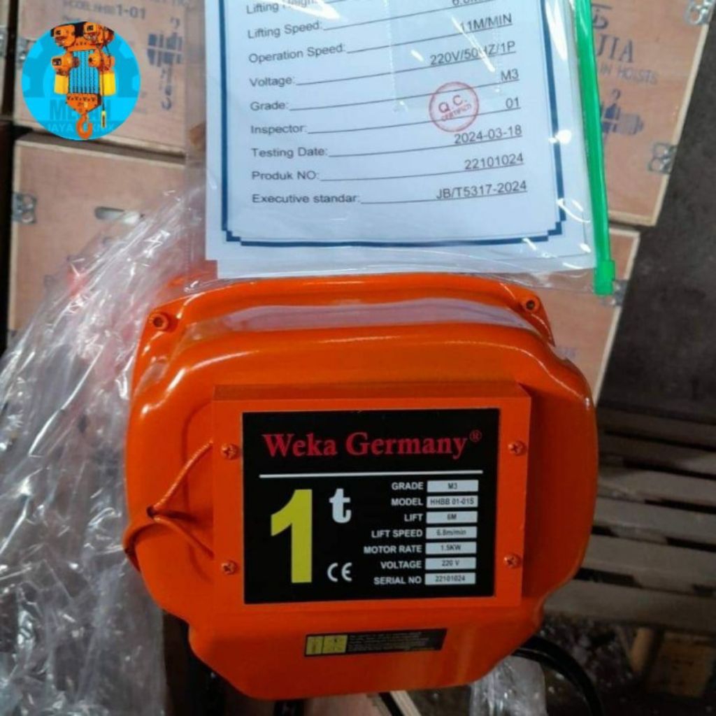 Electric chain hoist crane 1 ton x 6 meter/10 meter /12 meter 220v atau 1phase weka GERMANY