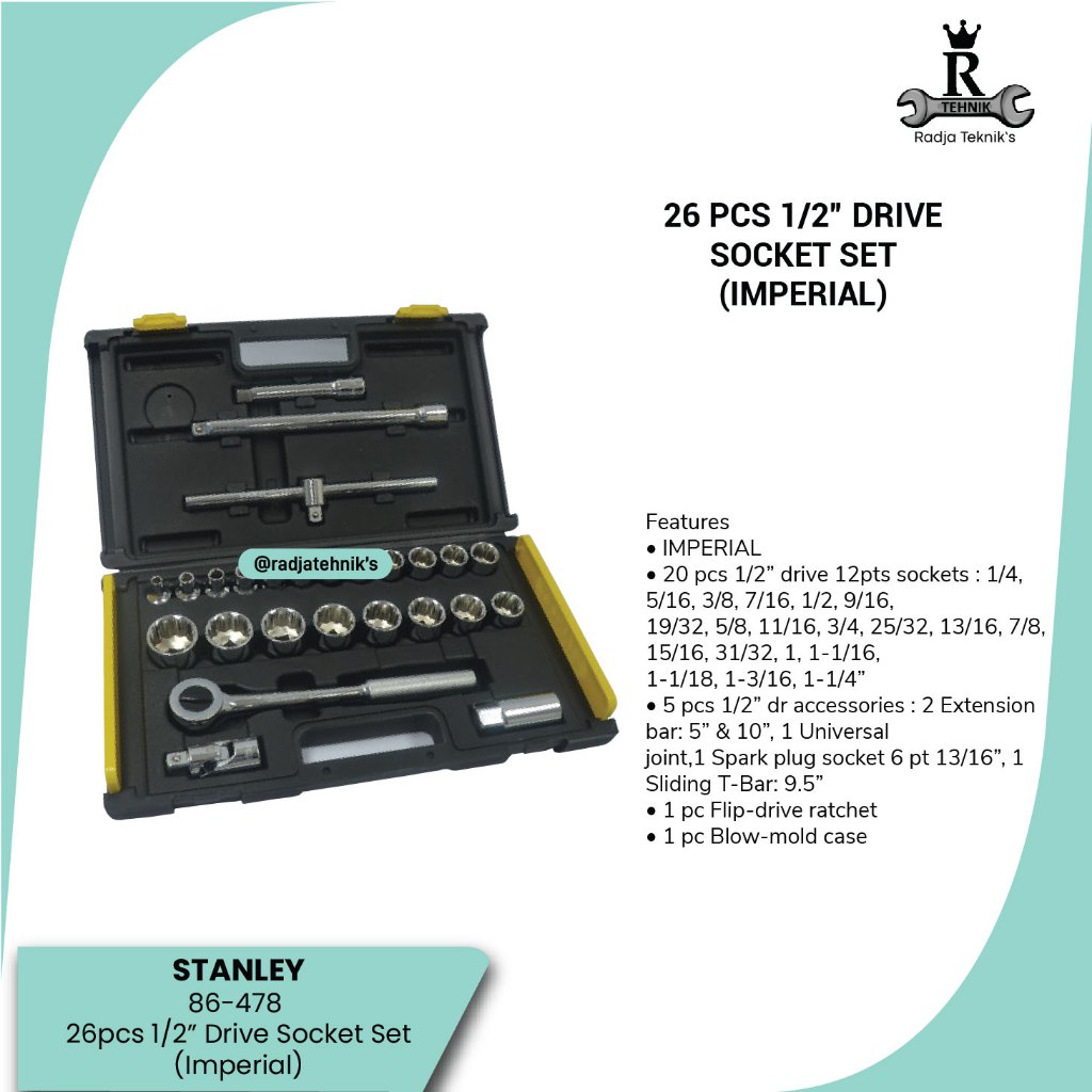STANLEY  86-478 26 pcs 1/2” Drive Socket Set  Kunci Shock Set 1/2"  Kunci Shock original Stanley  Al