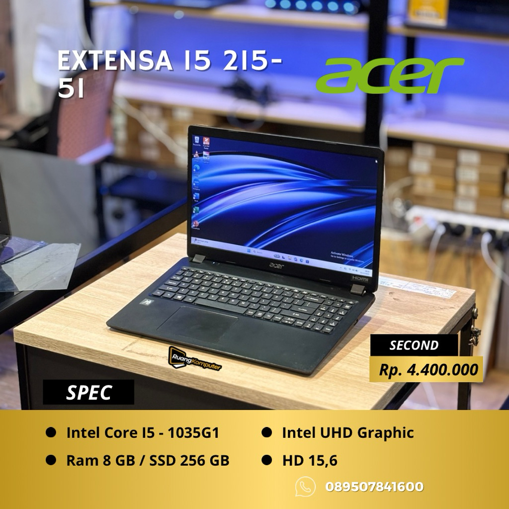 Laptop ACER EXTENSA I5 215-5I Intel Core I5-1035G1 RAM 8GB SSD 256GB HD 15.6 Inch Second Bergaransi