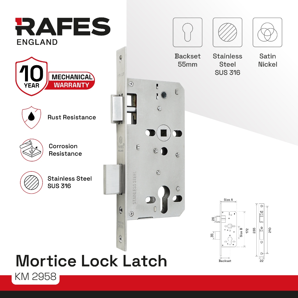 RAFES ENGLAND Mortice Lock - RAFES Bodi Kunci Lidah - Backset 55 MM - Stainless Steel SUS 316 - GARA