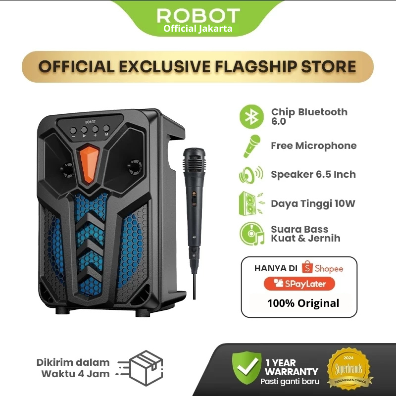 ROBOT Speaker Karaoke Bluetooth Suara Menggelegar Bass Kuat 10W Ukuran 6.5 Inch Mic Kabel Bawaan LED