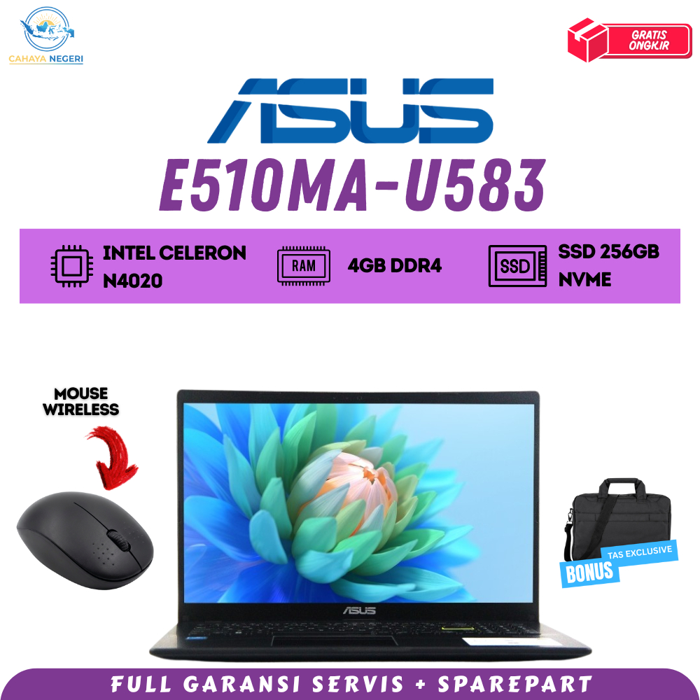 PROMO LAPTOP BARU Asus E510MA-U583 BLACK RAM 4GB SSD 256G FREE INSTALL + TAS LAPTOP FREE MOUSE WIREL