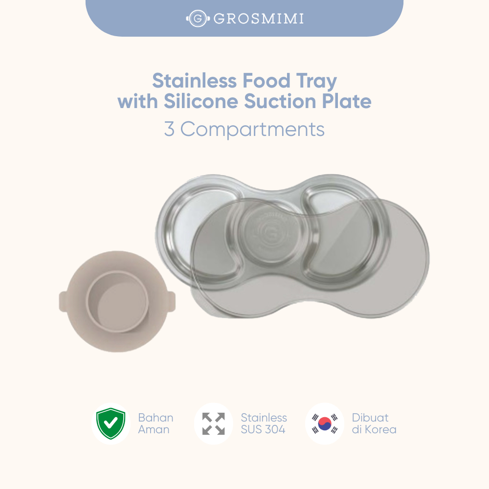 GROSMIMI STAINLESS FOOD TRAY 3 COMPARTMENT with SILICONE SUCTION PLATE (include cover) / Wadah Makan