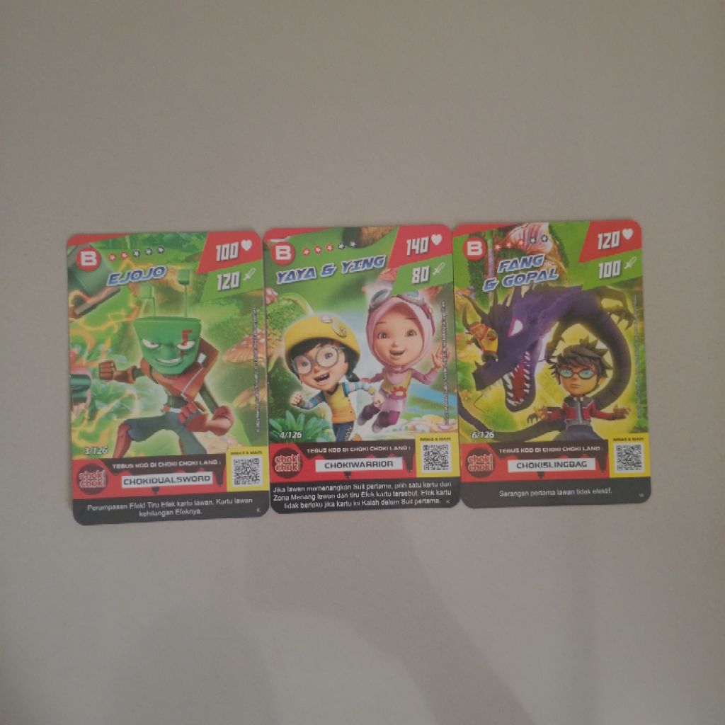 Kartu Choki Choki Boboiboy isi 3 (Ejojo, Yaya & Ying, Fang & Gopal)