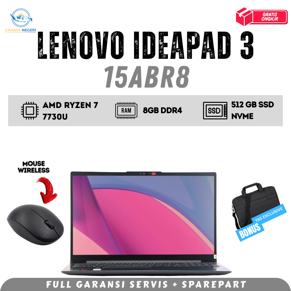 PROMO LAPTOP BARU Lenovo Ideapad 3 15ABR8 Ryzen 7 7730U RAM 8GB SSD 512GB Finger Print FREE INSTALL 