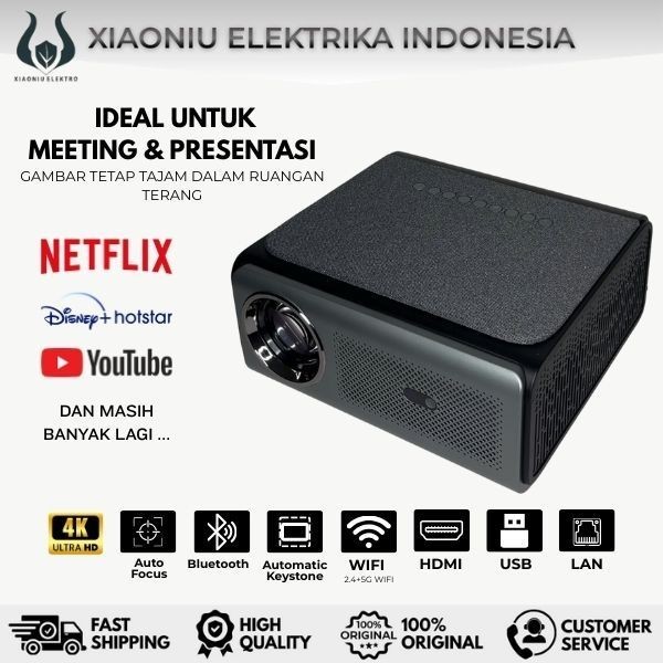 Android Smart Projector - Support 16:9 Ratio 4K Res Autofocus Bluetooth WiFi Screen Mirroring