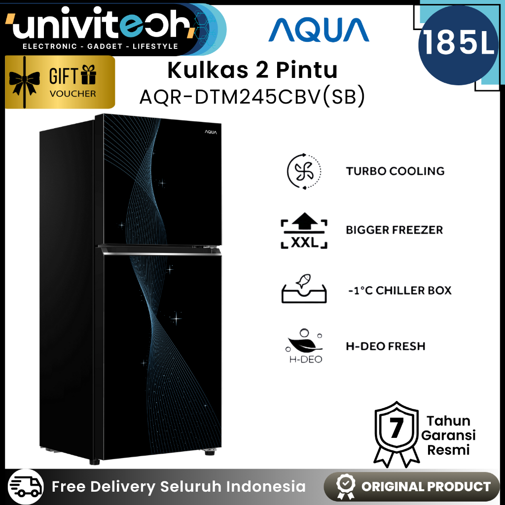 AQUA Kulkas 2 Pintu 185 Liter Tanpa Bunga Es Low Watt BIG Freezer Chiller Box  - AQR DTM245CBV