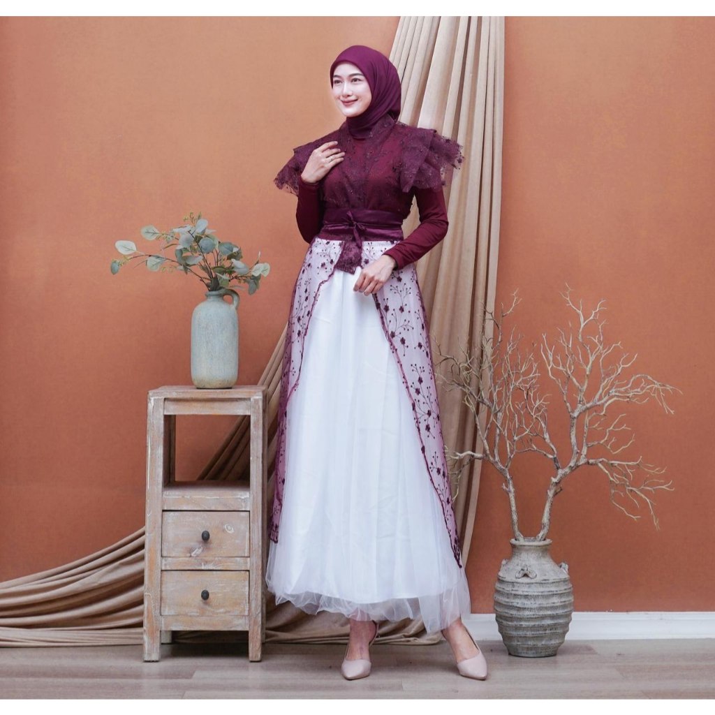 HAURA Dres Set Iner Outer Dan Rok Tutu Gamis Muslim Wanita Pesta Kondangan Lebaran 2026