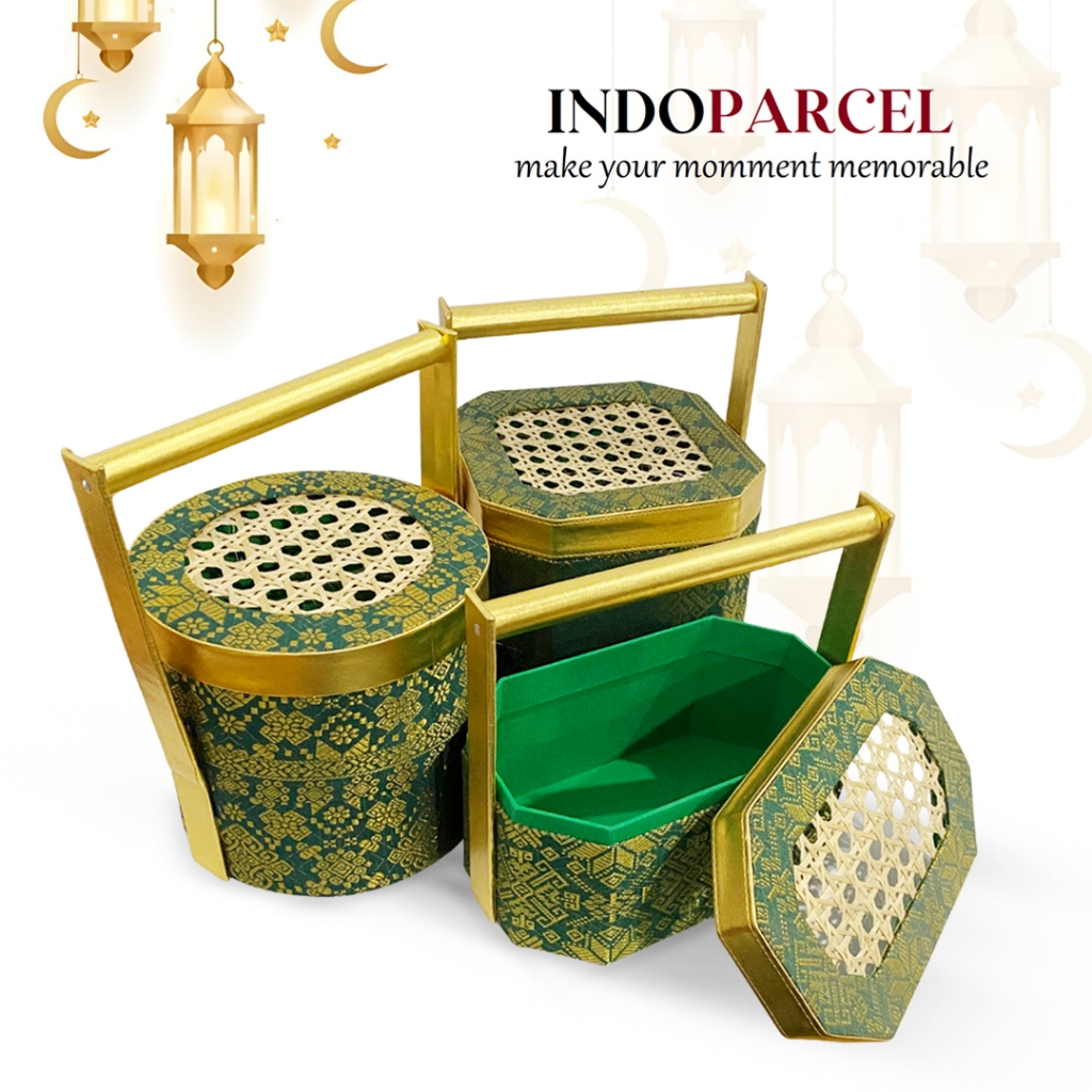 INDOPARCEL - Aureum Songket Lebaran Gift Box Hampers Rantang Bambu Kotak Hadiah Lebaran Model Rantan
