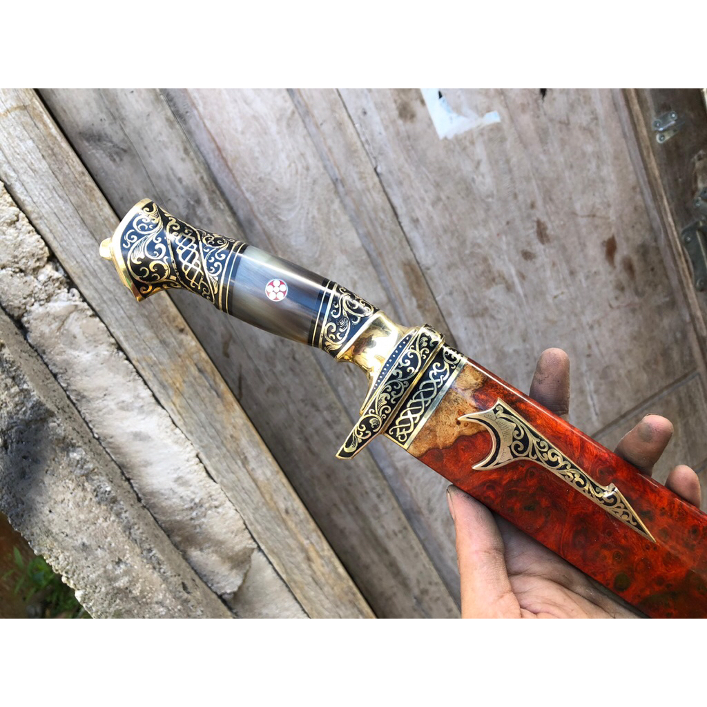 Pisau Sembelih Baja BOHLER N690 40cm 59 HRC Tajam - Sarung Kayu BURL, Gagang Tanduk, Fulltan di Pin