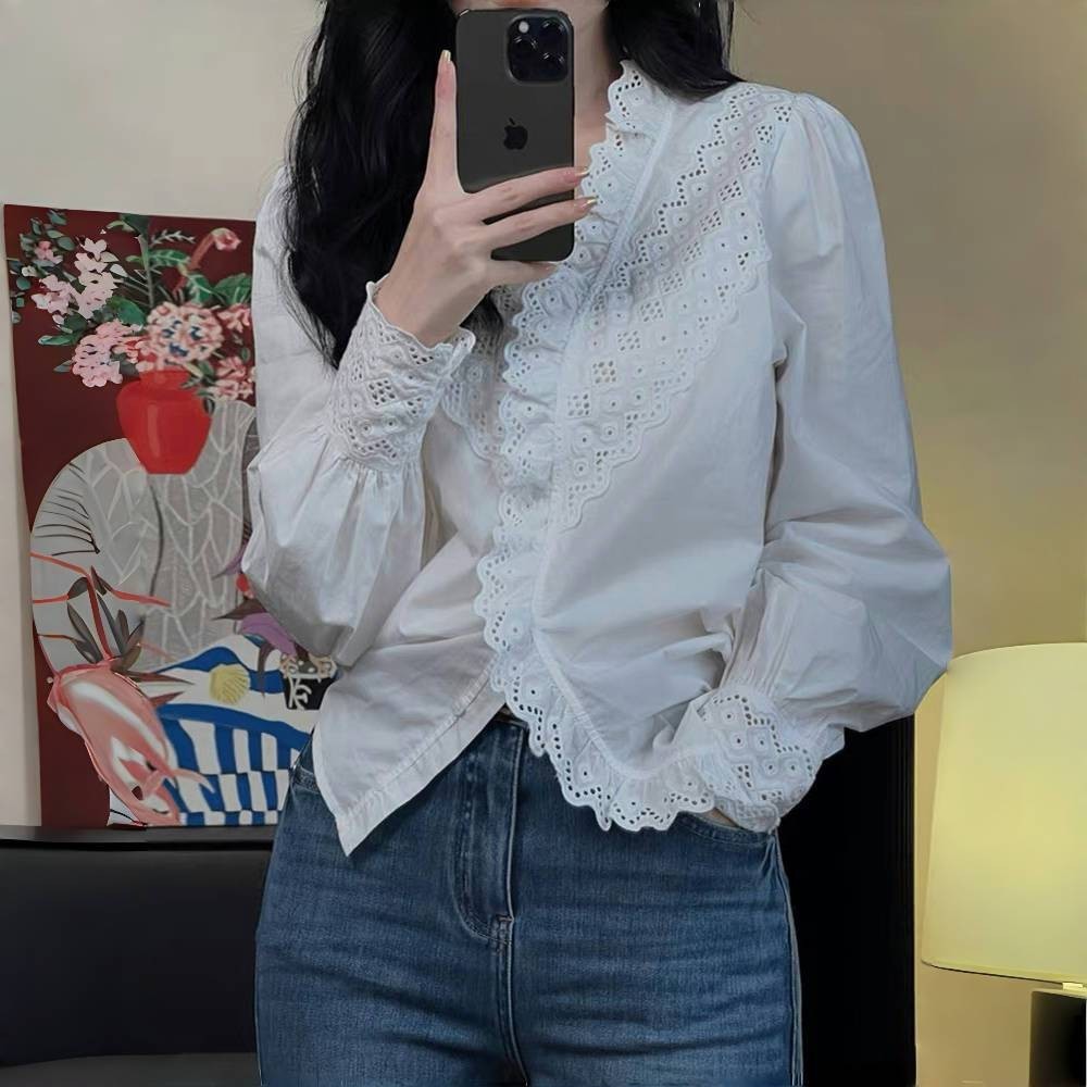 [OFRA]blouse atasan wanita leher renda lengan panjang motif bolong hijab friendly