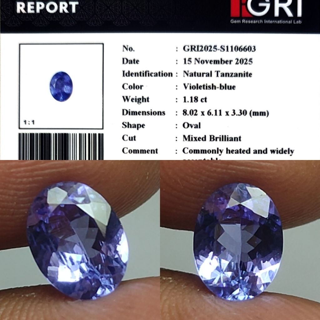 HQ ITEM Natural Tanzanite 1.1ct GRI Bukan Blue Sapphire Srilanka Loupe Clean Top Crystall Full Luste