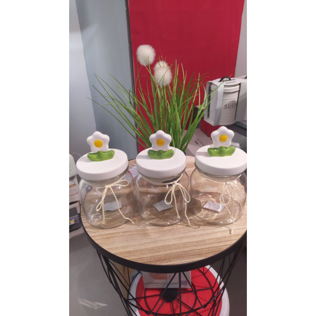 Informa Daisy stoples kaca 600ml set 3pcs transparan putih/toples kue informa/toples kopi gula teh i