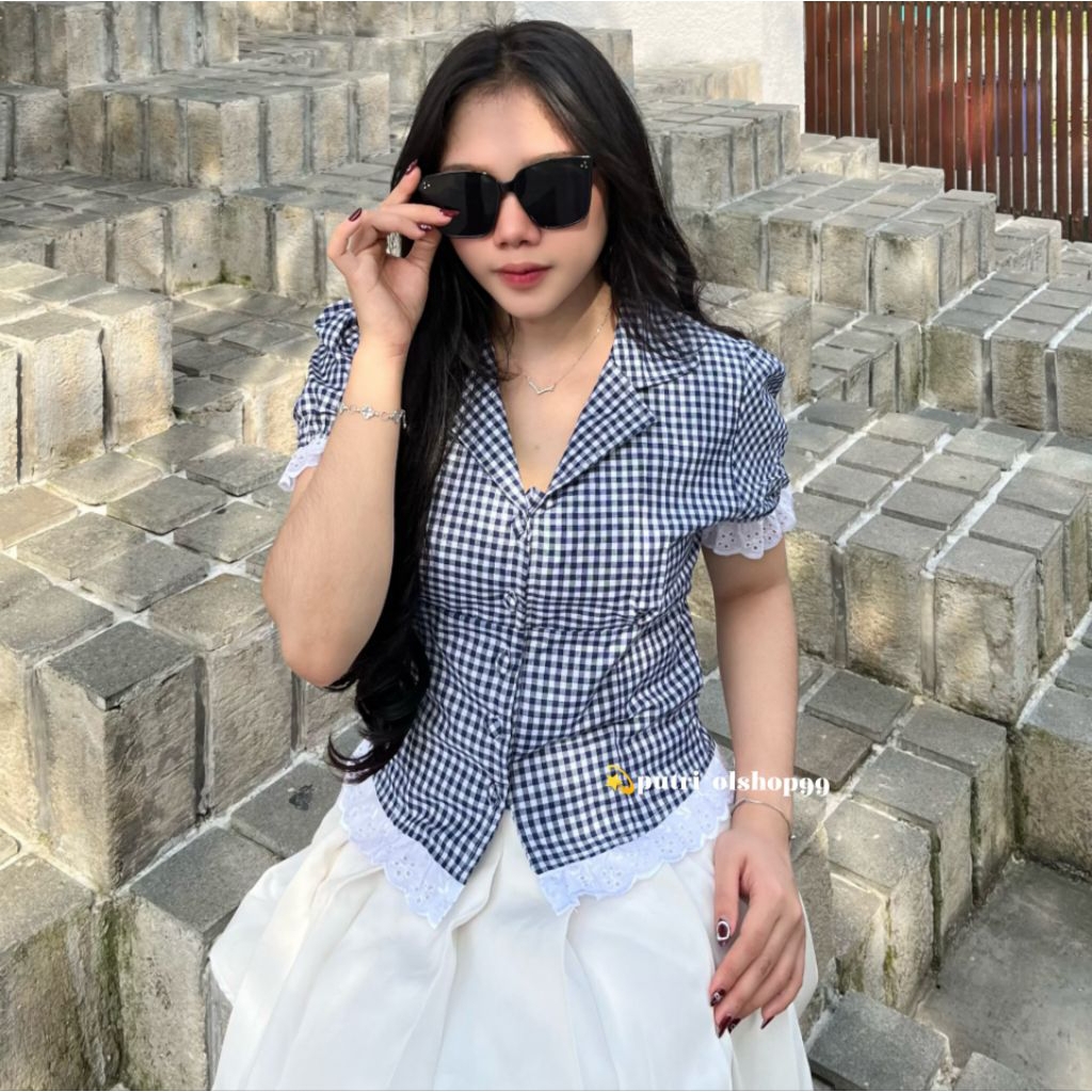 Qela Blouse Lace | Kemeja Stripe Wanita | Atasan Motif Kotak-kotak Blouse By putri_fashion01