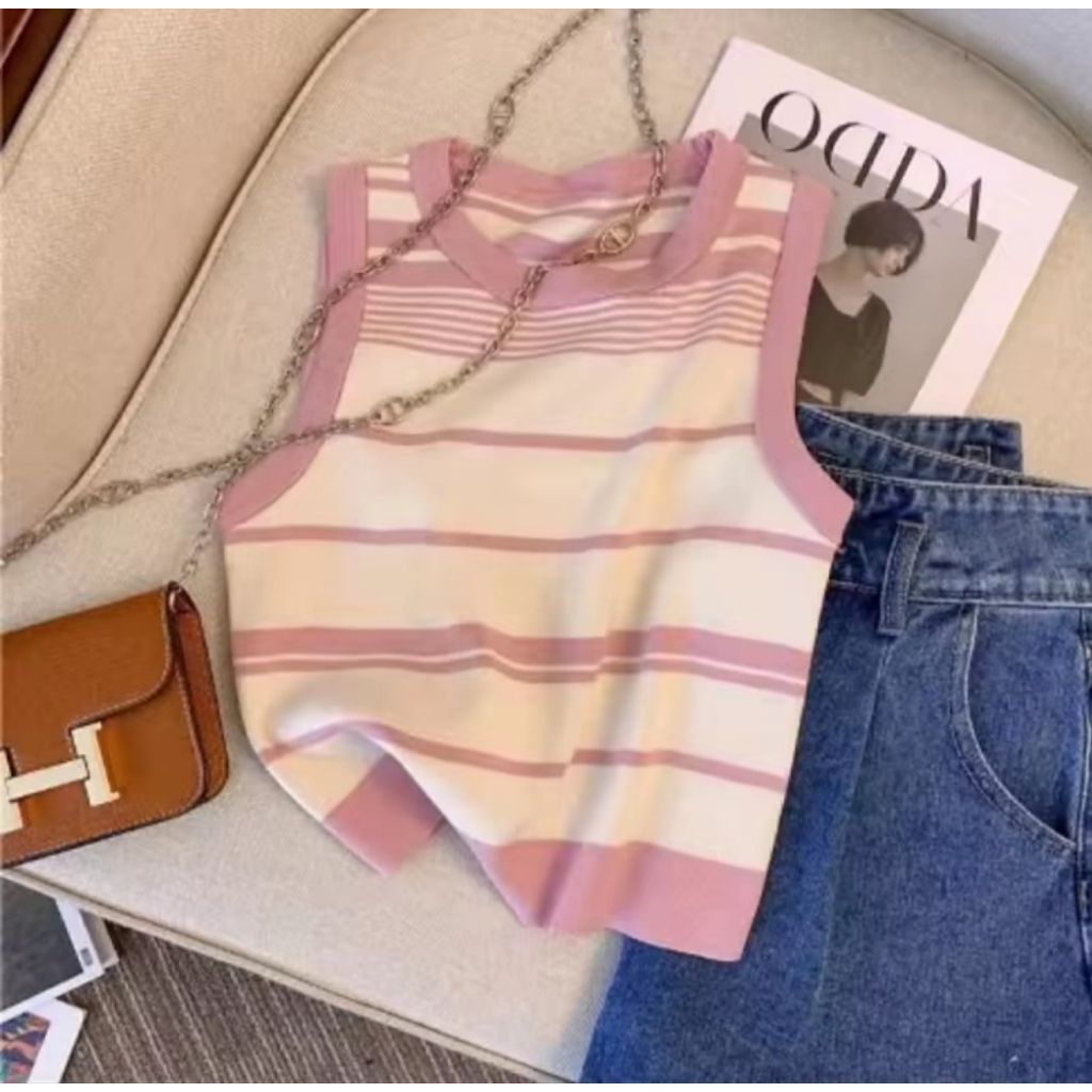 Tanek top korea salur kekinian / Rompi wanita crop knit / Baju rajut atasan wanita