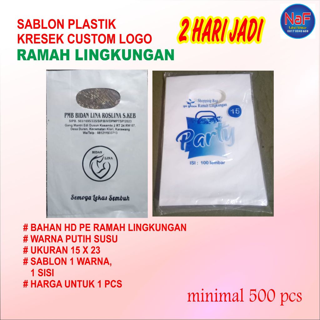 Kresek ramah lingkungan sablon custom logo apotek klinik olshop 15x23 go green