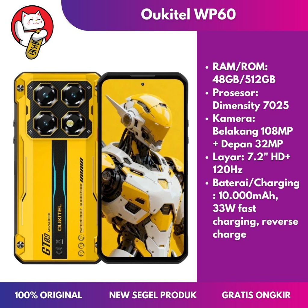 Oukitel WP60 5G RAM 48GB Storage 512GB Dimensity 7025 Baterai 10.000mAh Layar 7.2" HD+ Rugged Smartp